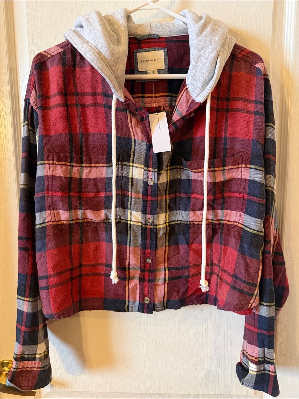 American Eagle Red Plaid Cropped Hoodie Shirt Size XL